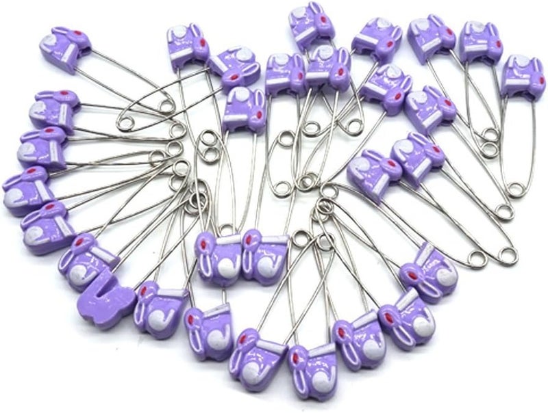 Cute Animal Rabbit Baby Safety Pins Secure Clips for Fastening Baby Clothes Diaper Napkins Stainless Steel Size L 5.3CM 30PCS Purple
