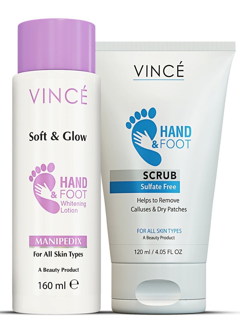 فينس مجموعة العناية باليدين والقدمين - لوشن 160 مل + مقشر 120 مل - يقشر الجلد الميت، ويقلل من البقع الداكنة والبقع الناتجة عن أشعة الشمس، ويرطب البشرة الجافة، ويوحد لون البشرة، ويفتح اليدين والقدمين