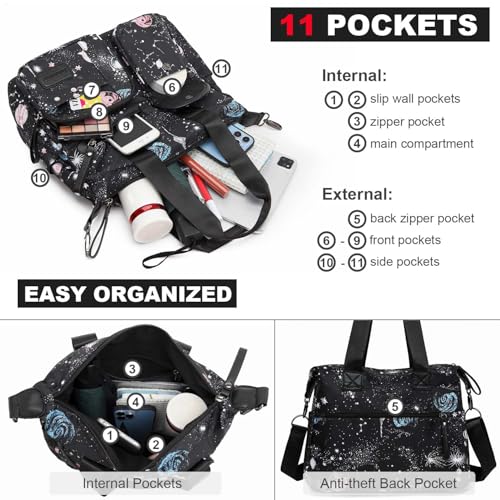 YouNuo Tote Bag for Women,Multi Pockets Shoulder Handbag,Nurse Bag for Work Nursing Bag,Ladies Large Cross body Purse,Fashion Waterproof Nylon Tote Top Handle Satchel for Work,Travel (Floral Black) - Image 5
