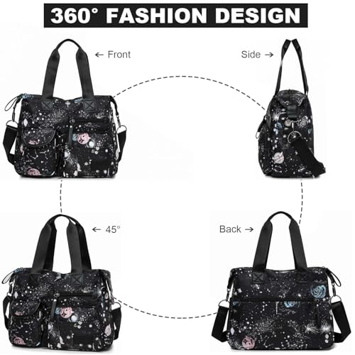 YouNuo Tote Bag for Women,Multi Pockets Shoulder Handbag,Nurse Bag for Work Nursing Bag,Ladies Large Cross body Purse,Fashion Waterproof Nylon Tote Top Handle Satchel for Work,Travel (Floral Black) - Image 2