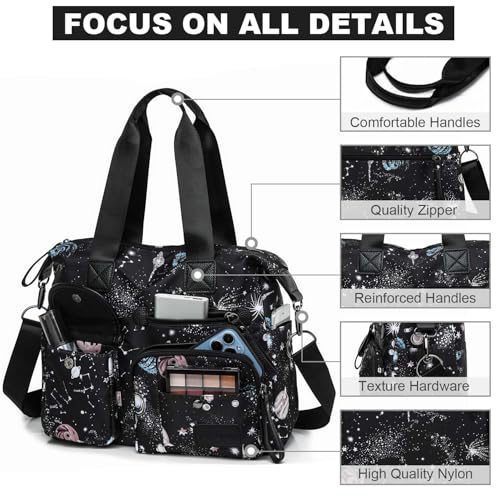 YouNuo Tote Bag for Women,Multi Pockets Shoulder Handbag,Nurse Bag for Work Nursing Bag,Ladies Large Cross body Purse,Fashion Waterproof Nylon Tote Top Handle Satchel for Work,Travel (Floral Black) - Image 3