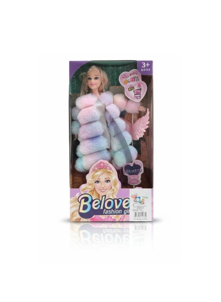 Belove دمية بيلوف فاشن جيرل - معطف من الفرو الصناعي بألوان قوس قزح الباستيل، لعبة على طراز باربي مع ملحقات (3 سنوات فأكثر) - Image 3