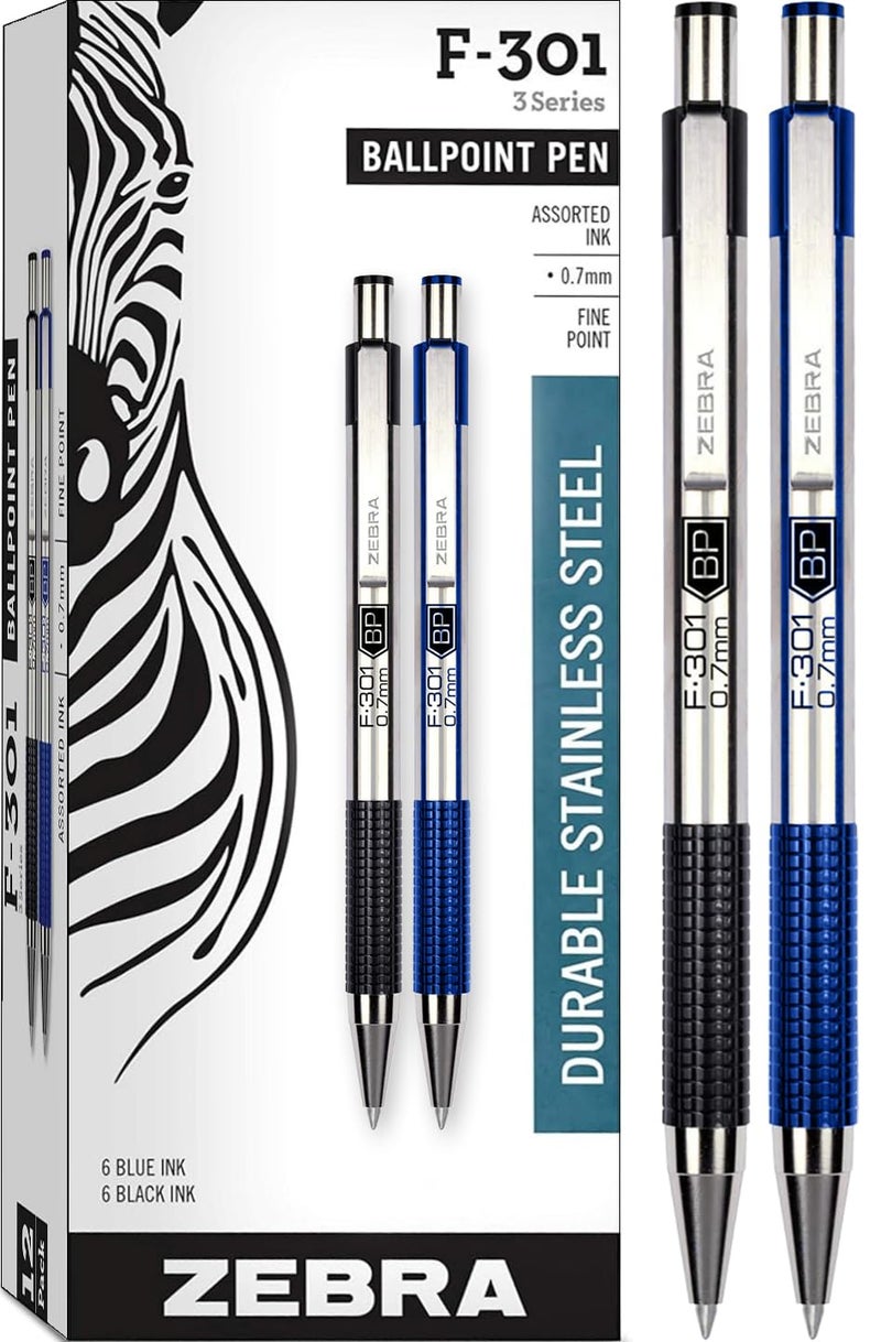 Zebra F-301 Retractable Ballpoint Pen with Stainless Steel Barrel 0.7mm Fine Point - Pack of 12; 6 Black & 6 Blue - Image 1