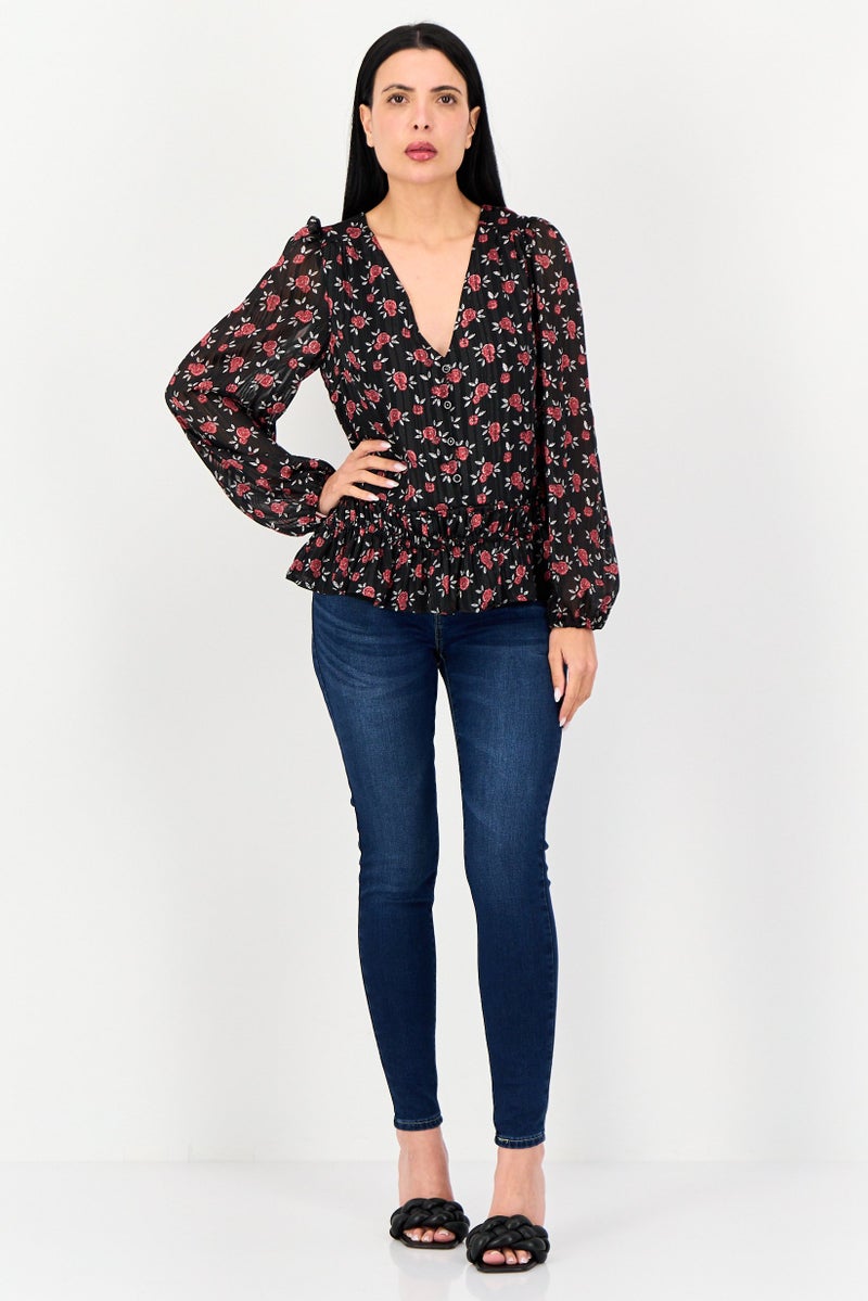 Reserved Women V-Neck Floral Print Long Sleeve Blouse, Multicolor - Image 4