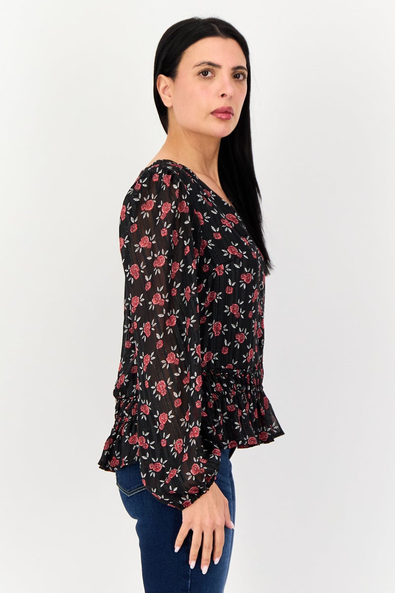 Reserved Women V-Neck Floral Print Long Sleeve Blouse, Multicolor - Image 2