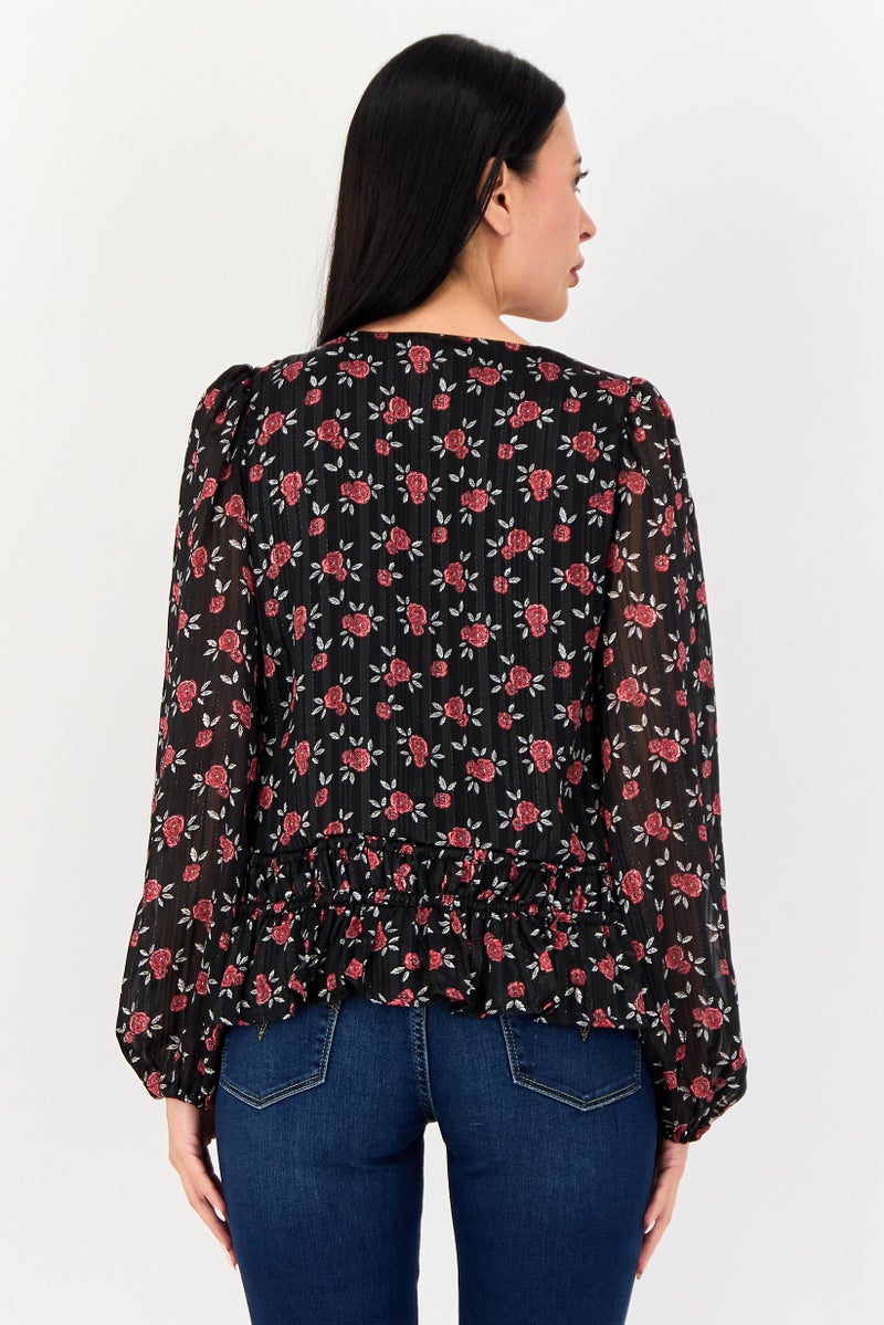 Reserved Women V-Neck Floral Print Long Sleeve Blouse, Multicolor - Image 3