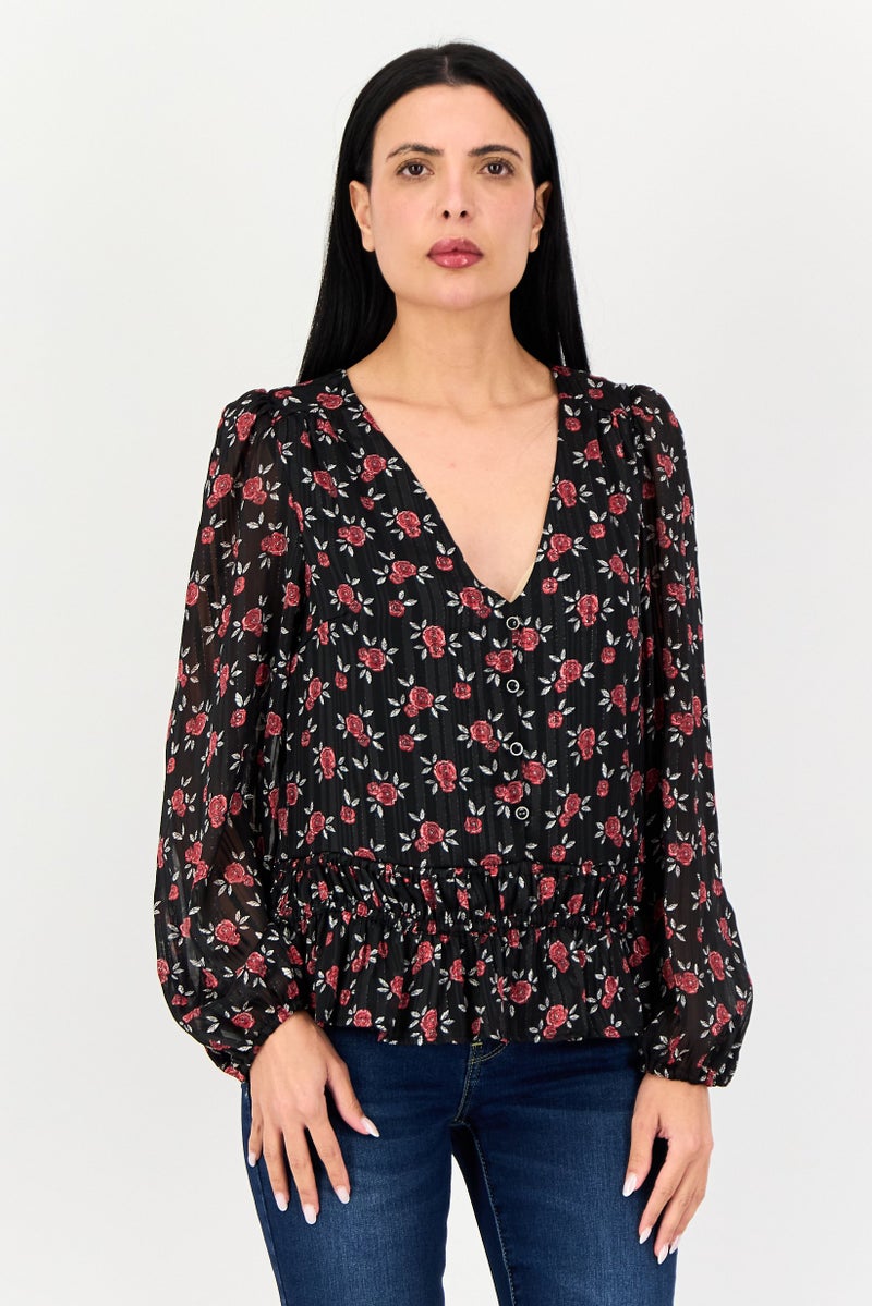 Reserved Women V-Neck Floral Print Long Sleeve Blouse, Multicolor - Image 1