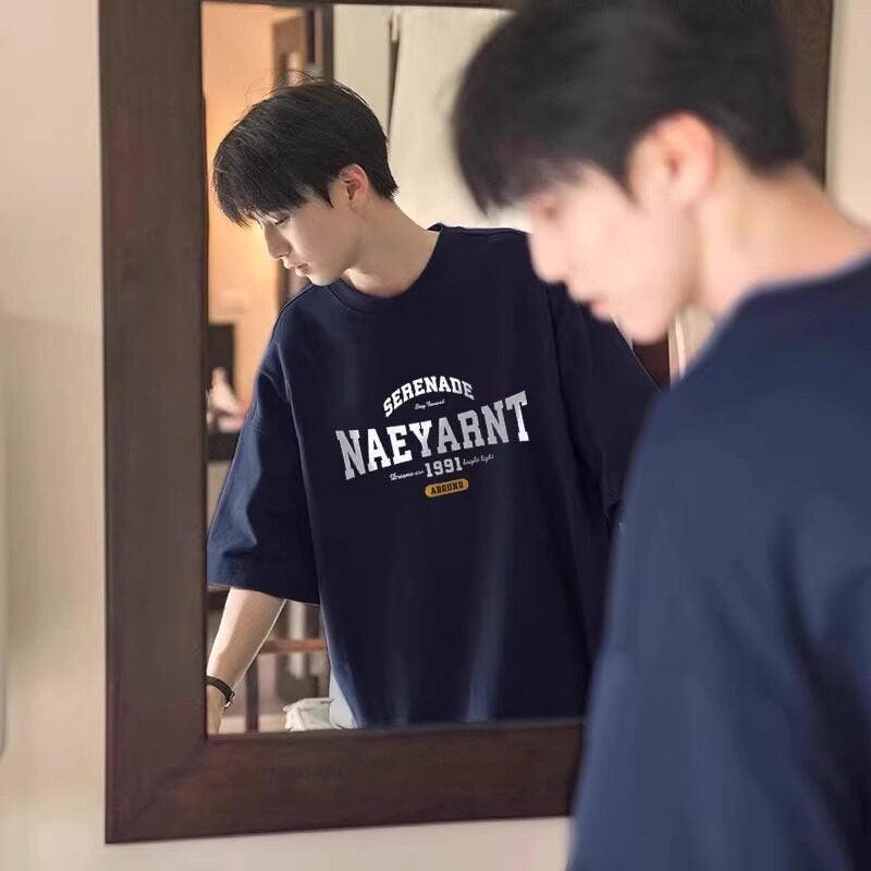 100% pure cotton short-sleeved T-shirt for men's summer American retro heavyweight small collar half-sleeved oversized five-minute sleeves - Image 2