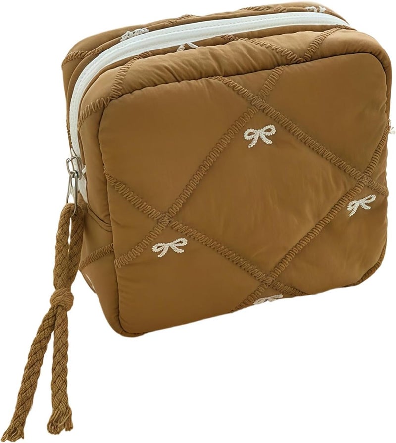 Brown Quilted Fabric Sanitary Napkin Holder With Bows Travel Toiletry Cosmetic Bag - Image 1