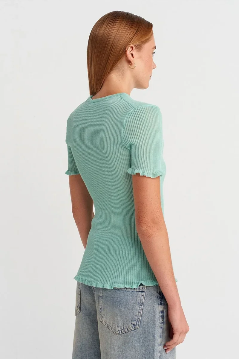 Dilvin Mint Green DILVIN Slim Fit Ribbed Frill Blouse for Women | Best Price UAE