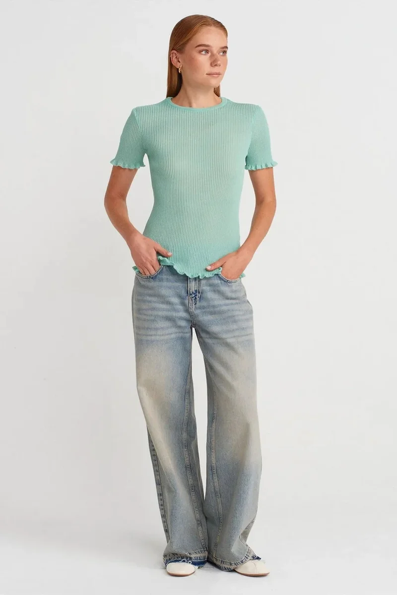Dilvin Mint Green DILVIN Slim Fit Ribbed Frill Blouse for Women | Best Price UAE