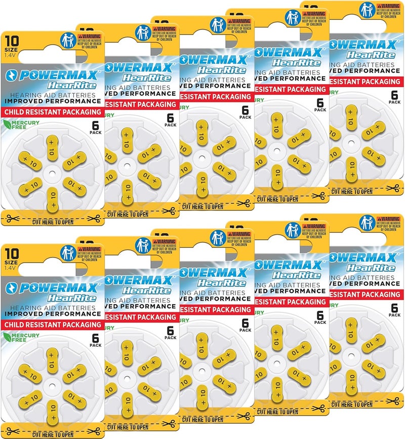 PowerMax Size 10 Hearing Aid Batteries, Yellow Tab, Made In the USA, 64 Count - Image 1