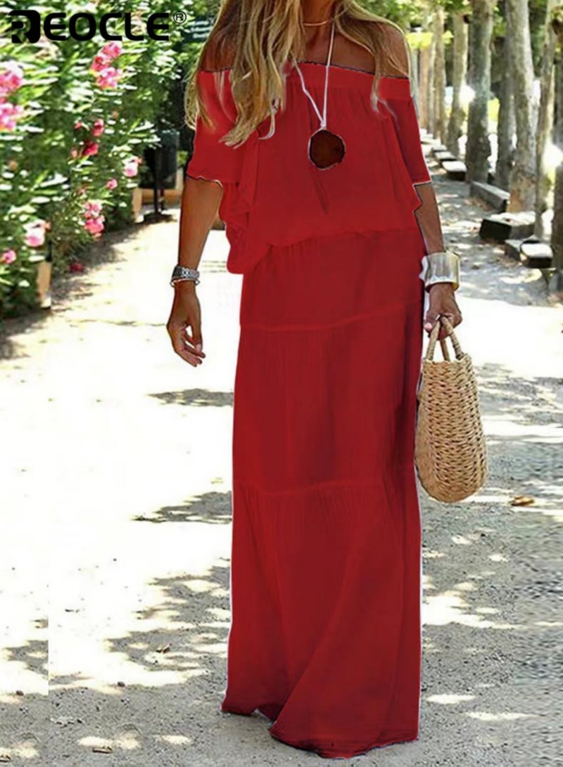 REOCLE Women's Off-Shoulder Ruffled Maxi Dress Flowy Tiered Design with Short Sleeves & Relaxed Fit Perfect for Summer Beach Vacations& Casual Outings - Image 1