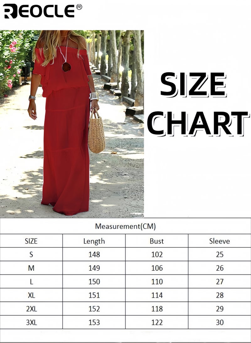 REOCLE Women's Off-Shoulder Ruffled Maxi Dress Flowy Tiered Design with Short Sleeves & Relaxed Fit Perfect for Summer Beach Vacations& Casual Outings - Image 4