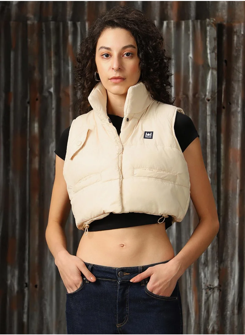 HIGH STAR Women's Beige 100% Polyester Printed Regular Fit Jacket