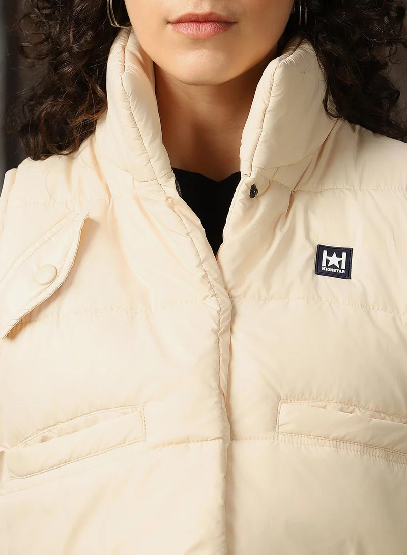 HIGH STAR Women's Beige 100% Polyester Printed Regular Fit Jacket