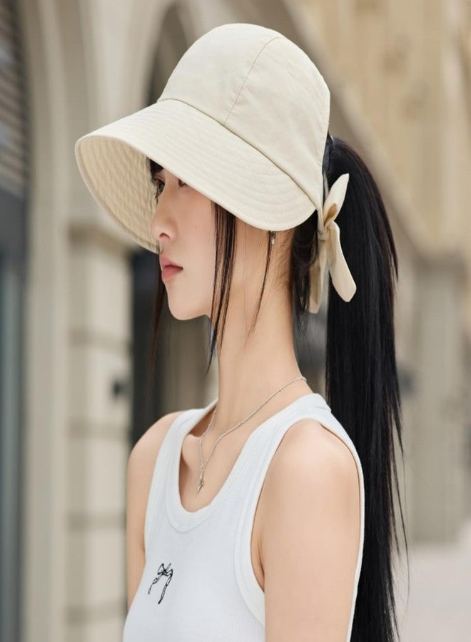 Qzkouma Womens Wide Brim Visor Sun Hats UPF50+ UV Protection Packable Summer Hat with Adjustable Bow, Beige, One size - Image 2