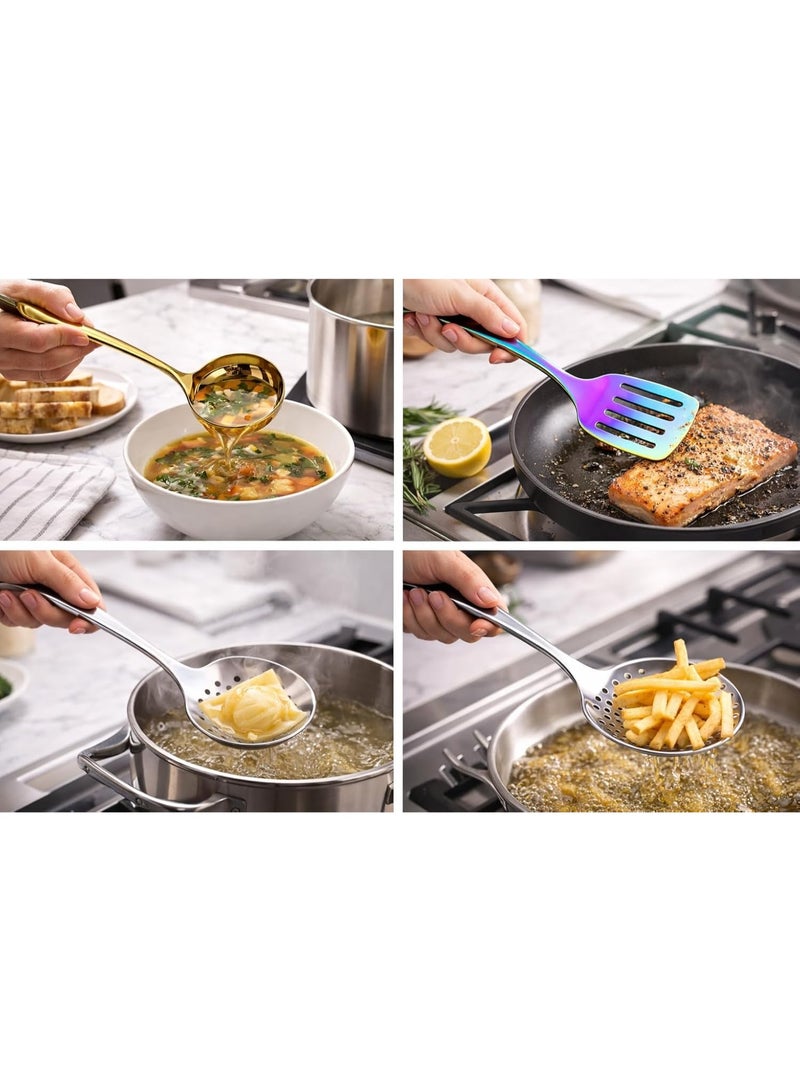 أداة مطبخ من الفولاذ المقاوم للصدأ، مقاومة للحرارة والصدأ، بمقبض مريح، آمنة للغسل في غسالة الأطباق، بلمسة نهائية فضية وذهبية وقوس قزح، للطبخ اليومي (ملعقة ذهبية) - Image 4