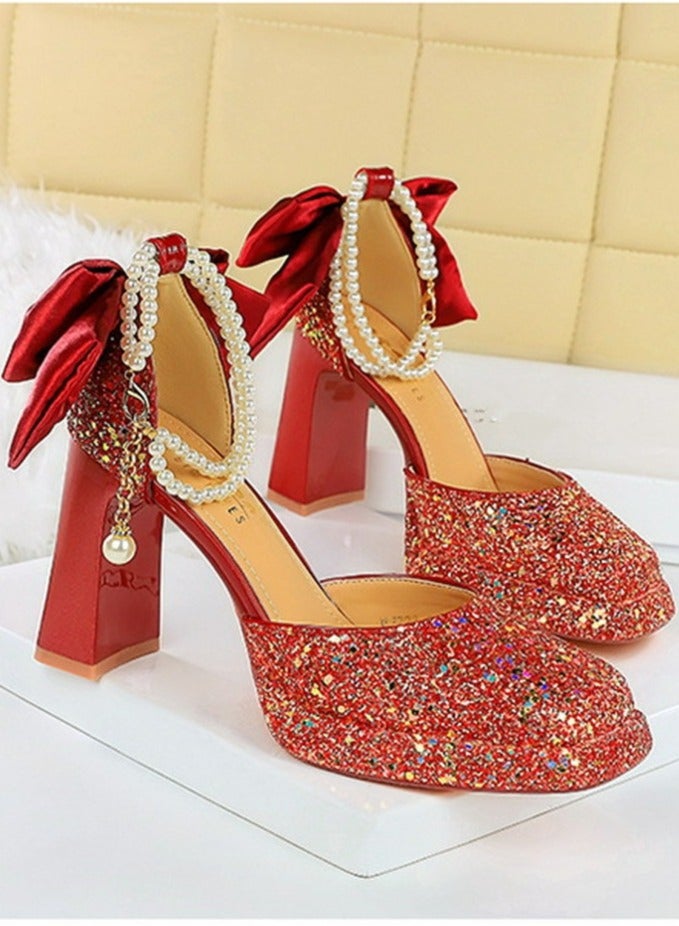 BIGTREE Womens Shiny Sequins Platform Chunky High Heel Square Closed Toe With Beaded Ankle Strap Bowknot Decoration Pumps Red 9CM - Image 2