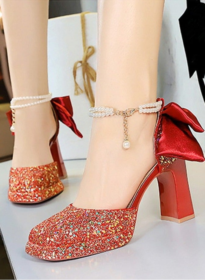 BIGTREE Womens Shiny Sequins Platform Chunky High Heel Square Closed Toe With Beaded Ankle Strap Bowknot Decoration Pumps Red 9CM - Image 3