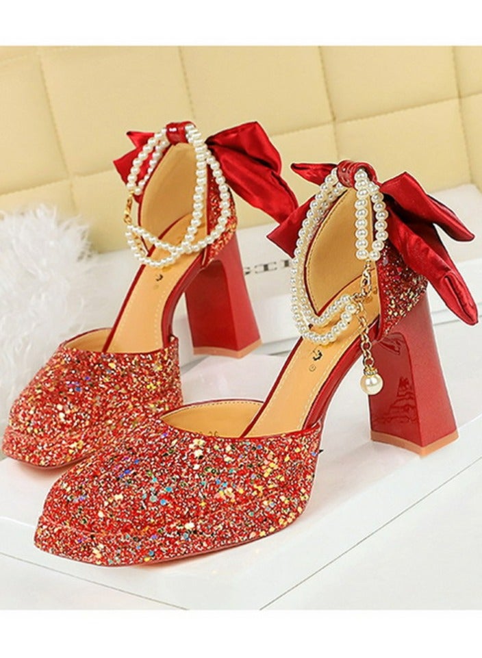 BIGTREE Womens Shiny Sequins Platform Chunky High Heel Square Closed Toe With Beaded Ankle Strap Bowknot Decoration Pumps Red 9CM - Image 1