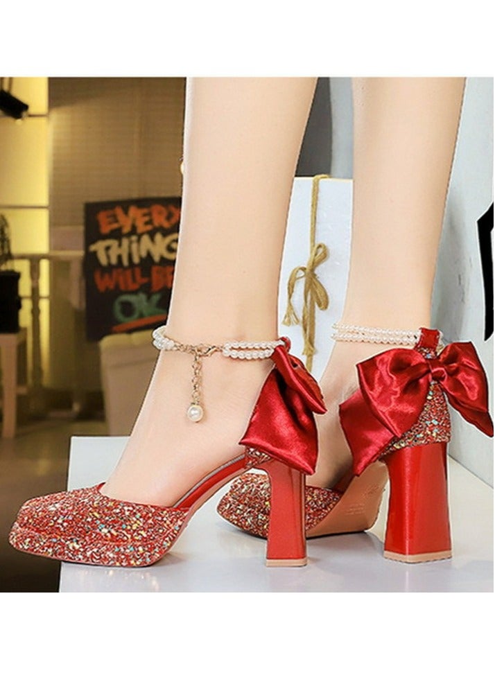 BIGTREE Womens Shiny Sequins Platform Chunky High Heel Square Closed Toe With Beaded Ankle Strap Bowknot Decoration Pumps Red 9CM - Image 4