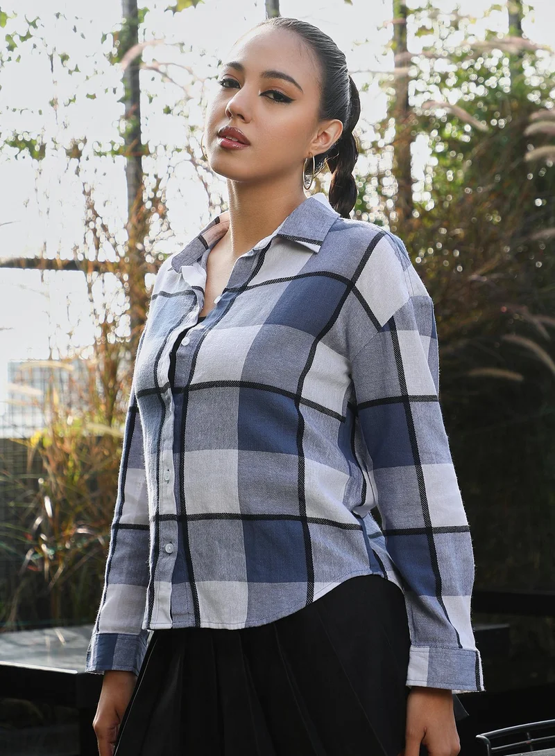 PINACOLADA  Women's Steel Blue Framed-Buffalo Oversized Shirt | نساء | أكمام طويلة | كاروهات | طوق منتشر | كاجوال كبير الحجم | قميص for Women | Best Price UAE