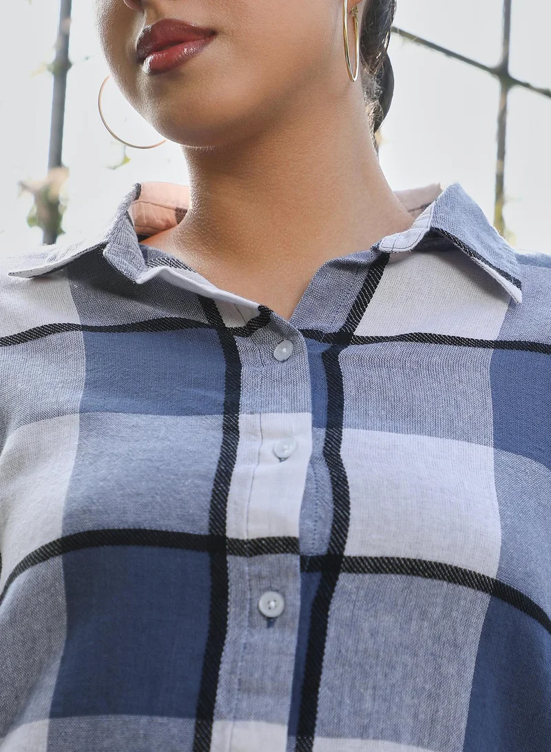 PINACOLADA  Women's Steel Blue Framed-Buffalo Oversized Shirt | نساء | أكمام طويلة | كاروهات | طوق منتشر | كاجوال كبير الحجم | قميص for Women | Best Price UAE