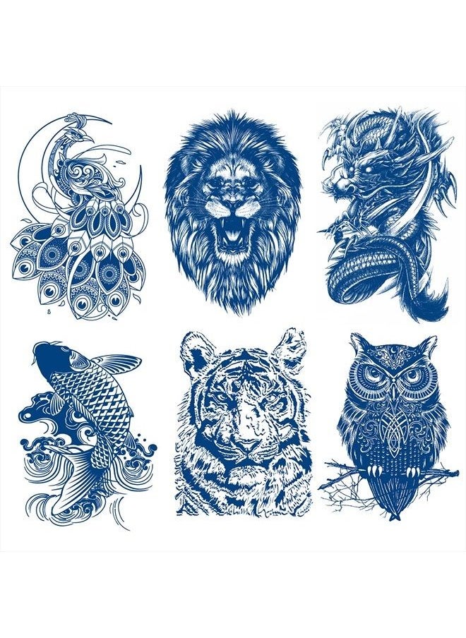 Oottati 6 Sheets Semi Permanent Fake Waterproof Temporary Tattoo Stickers Long Lasts 1-2 Weeks, Animal Set Peacock Lion Koi Carp Tiger Owl Dragon Deep Blue, Realistic Appearance Natural Fading  - Image 1