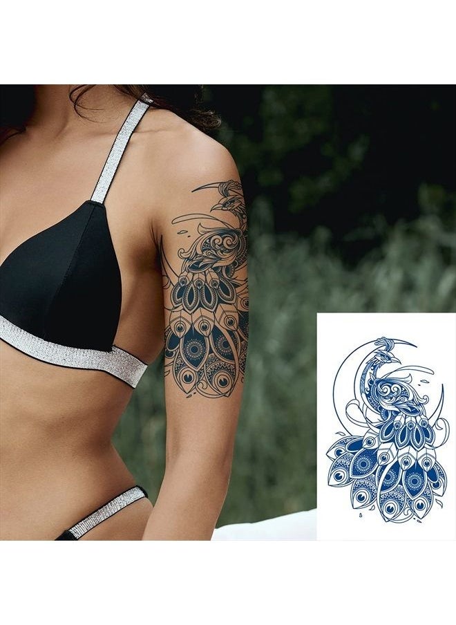 Oottati 6 Sheets Semi Permanent Fake Waterproof Temporary Tattoo Stickers Long Lasts 1-2 Weeks, Animal Set Peacock Lion Koi Carp Tiger Owl Dragon Deep Blue, Realistic Appearance Natural Fading  - Image 3