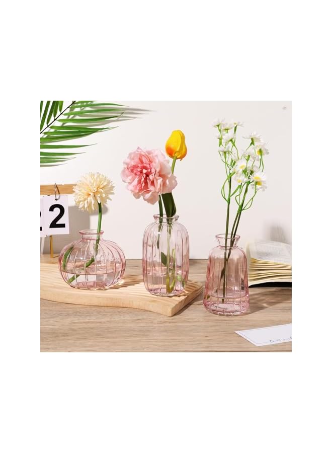 Green Tiger Small Glass Vase Set of 3, Pink Vases for Centerpieces, Small Pumpkin Glass Vases, Mini Vintage Vertical Stripes Pink Bud Vases, Antique Vases Apothecary Jars for Flowers Wedding Party, Home Decor - Image 5