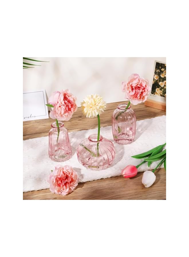Green Tiger Small Glass Vase Set of 3, Pink Vases for Centerpieces, Small Pumpkin Glass Vases, Mini Vintage Vertical Stripes Pink Bud Vases, Antique Vases Apothecary Jars for Flowers Wedding Party, Home Decor - Image 3