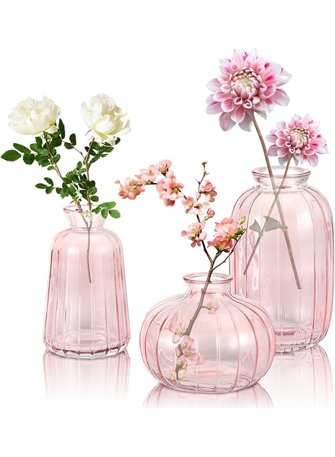 Green Tiger Small Glass Vase Set of 3, Pink Vases for Centerpieces, Small Pumpkin Glass Vases, Mini Vintage Vertical Stripes Pink Bud Vases, Antique Vases Apothecary Jars for Flowers Wedding Party, Home Decor - Image 1