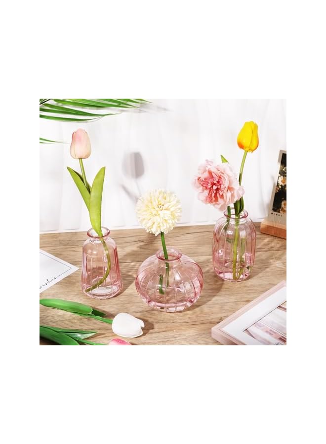 Green Tiger Small Glass Vase Set of 3, Pink Vases for Centerpieces, Small Pumpkin Glass Vases, Mini Vintage Vertical Stripes Pink Bud Vases, Antique Vases Apothecary Jars for Flowers Wedding Party, Home Decor - Image 2