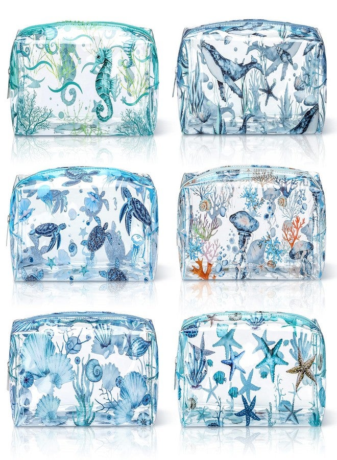 Kacctyen 6 Pcs Clear Makeup Bag Waterproof travel Cosmetic Thickened PVC Toiletry Beach Theme with Whale Starfish Turtle Ocean Sea Animals Print Beauty Cosmetic Makeup Bag Gifts - Image 1