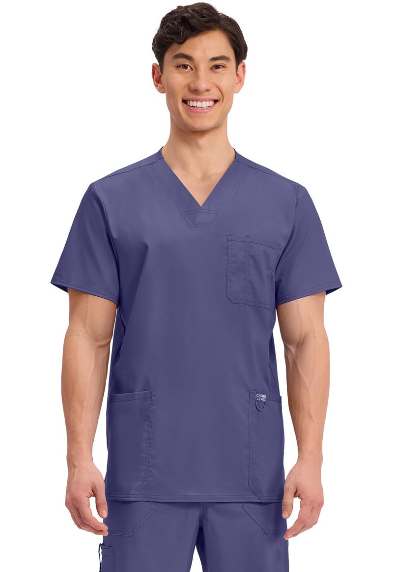 Cherokee Scrub top for Men V-Neck with 3 Pockets, Knit Details, Soft, Durable, Breathable, 2-Way Stretch Fabric - WW670, L, Grape
