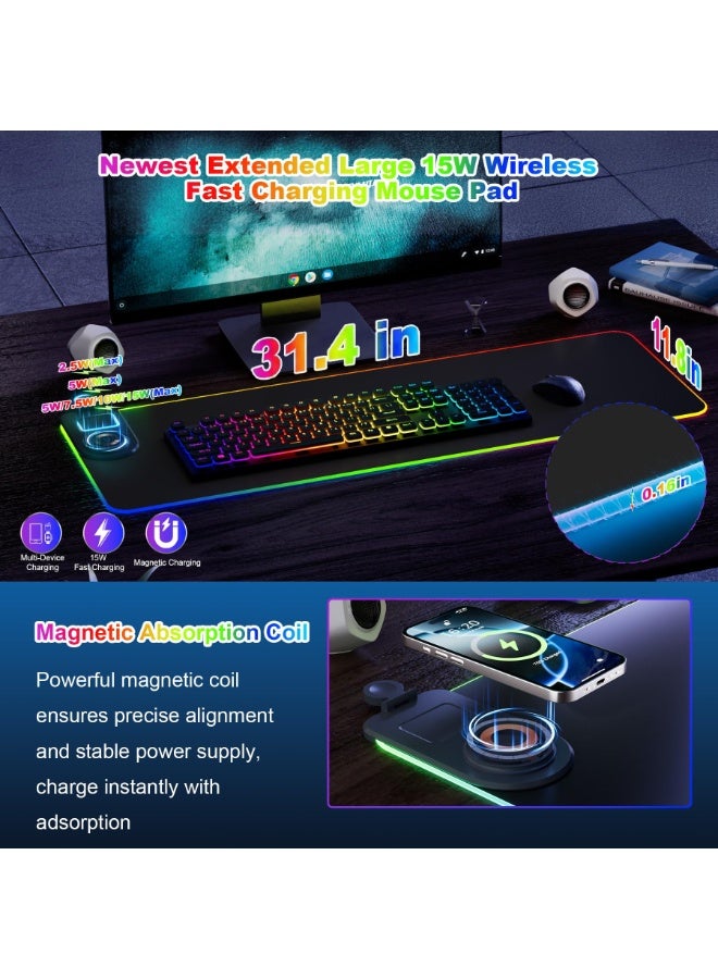 SIGood Wireless Charging Mouse Pad 15W RGB Gaming Mousepad Waterproof Desk Mat with Phone Holder 31.4''x11.8'' Extra Large Desk Pad Non-Slip Base Computer Keyboard Mat for PC Laptop, Black - Image 2