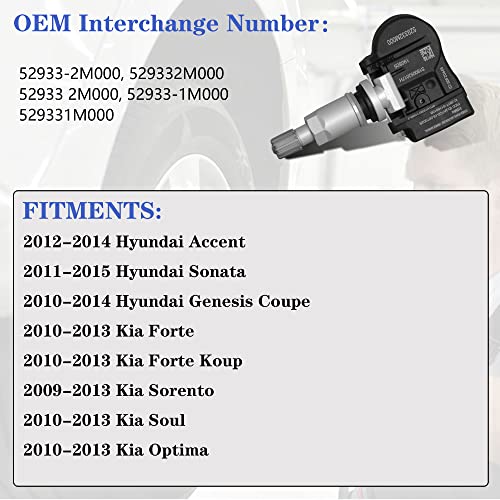 AdvanEX Tire Pressure Sensor 315Mhz,Tire Pressure Monitoring System Sensor Compatible with Hyundai Accent Sonata 2010-2014; Kia Forte Soul Optima 2010-2013 Replace OE 52933-2M000 529331M000 - Image 2