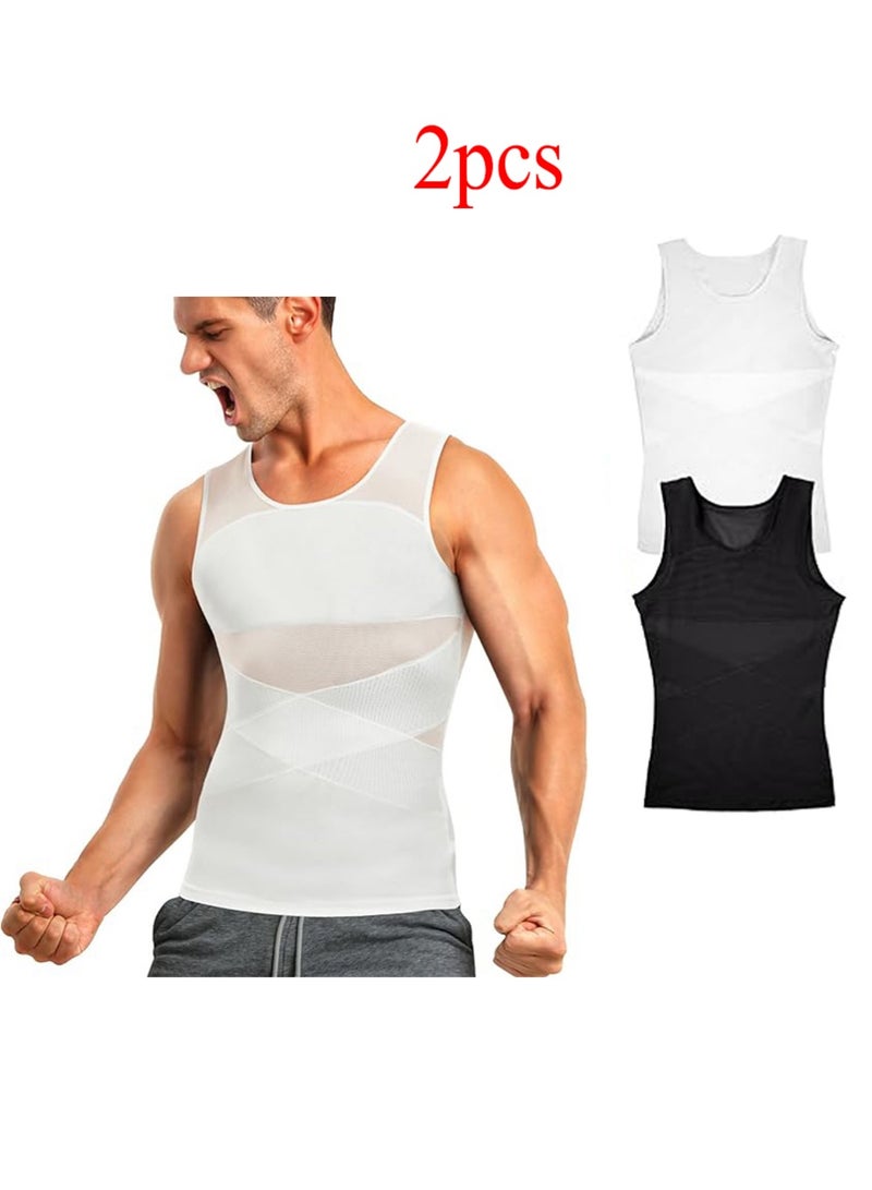 YOUGE 2Pcs Chest Compression Vest Men Body Shaper Sleeveless Posture Corrector Slimming Waist Control Tummy Trimmer Mesh Tops Compression Shirt for Men Slimming Undershirt Body Shaper Tank top Shapewear Vest(L)  - Image 1