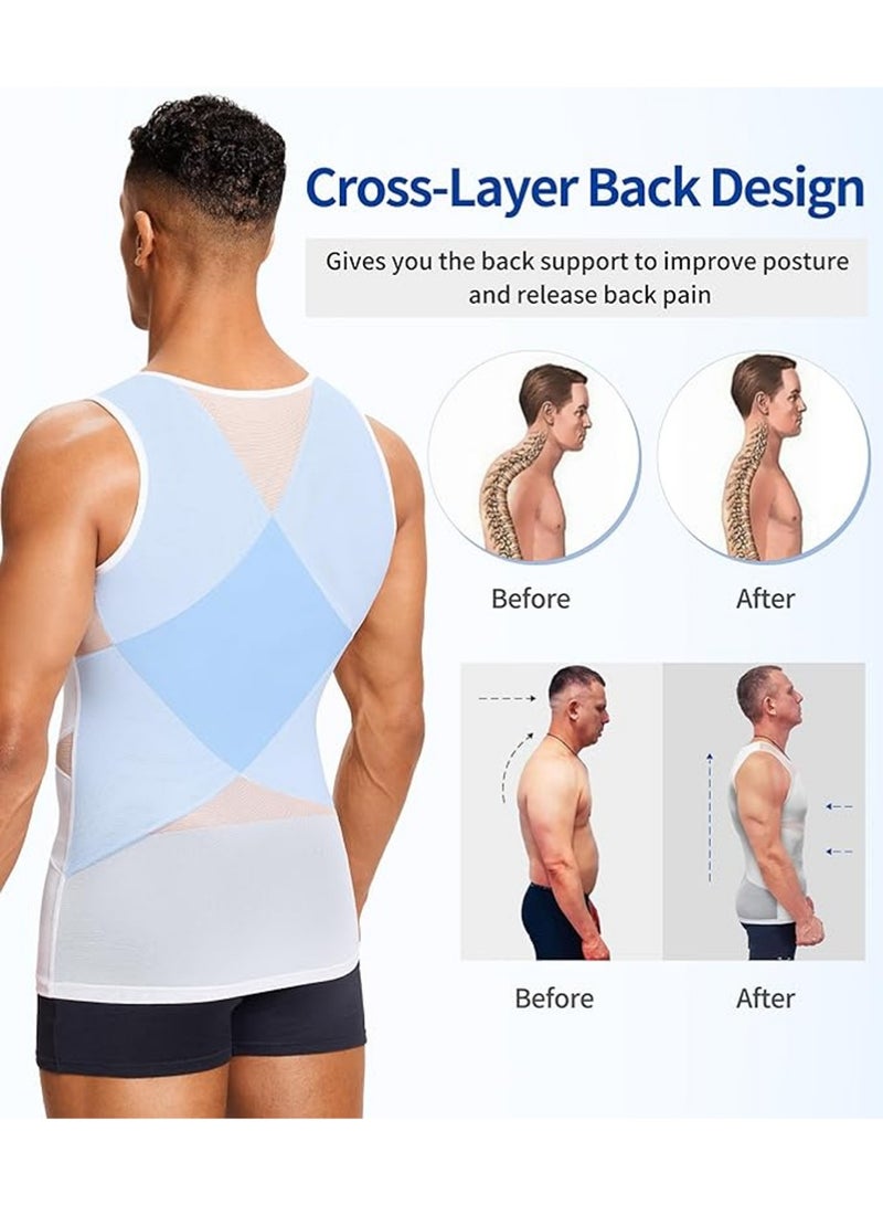 YOUGE 2Pcs Chest Compression Vest Men Body Shaper Sleeveless Posture Corrector Slimming Waist Control Tummy Trimmer Mesh Tops Compression Shirt for Men Slimming Undershirt Body Shaper Tank top Shapewear Vest(L)  - Image 3