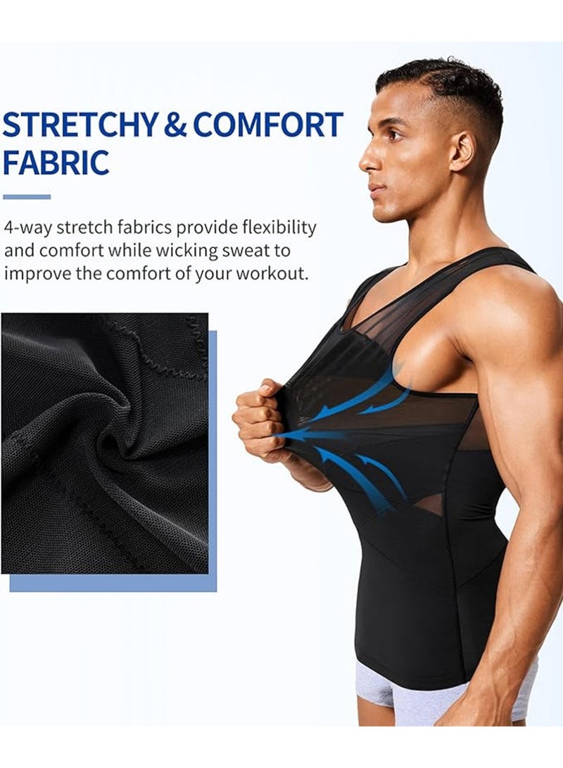 YOUGE 2Pcs Chest Compression Vest Men Body Shaper Sleeveless Posture Corrector Slimming Waist Control Tummy Trimmer Mesh Tops Compression Shirt for Men Slimming Undershirt Body Shaper Tank top Shapewear Vest(L)  - Image 2