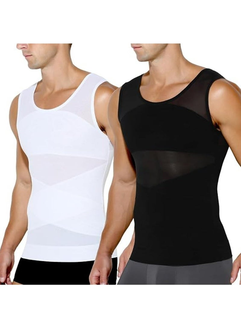 YOUGE 2Pcs Chest Compression Vest Men Body Shaper Sleeveless Posture Corrector Slimming Waist Control Tummy Trimmer Mesh Tops Compression Shirt for Men Slimming Undershirt Body Shaper Tank top Shapewear Vest(L) - Image 1