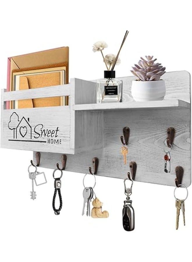 Gocokia Key Hanger Organizer, Mail and Key Holder for Wall Decorative, Wall Shelf with 7 Key Hooks, Wall Mounted Key Hangers with Mailbox, Home Decor (White) - Image 2