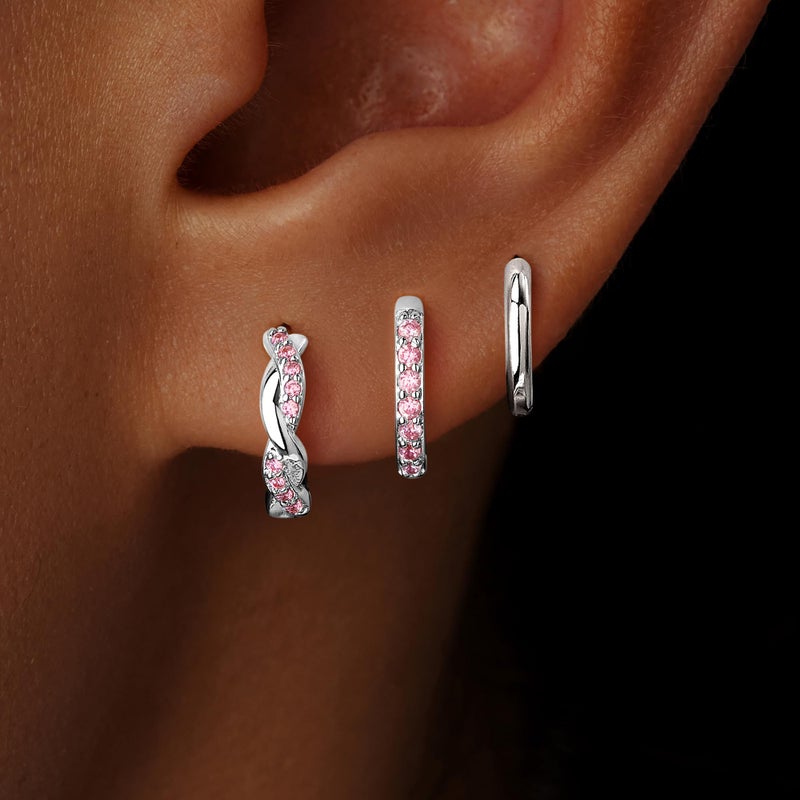 Inerney Sterling Silver Pink Tourmaline Huggie Hoop Earrings Set for Women, Dainty Small Earring Hypoallergenic Jewelry for Multiple Piercings, Trendy Twisted Cartilage Hoops October Birthstone Gift - Image 2