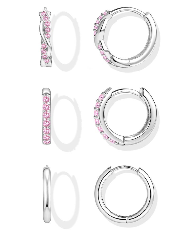 Inerney Sterling Silver Pink Tourmaline Huggie Hoop Earrings Set for Women, Dainty Small Earring Hypoallergenic Jewelry for Multiple Piercings, Trendy Twisted Cartilage Hoops October Birthstone Gift - Image 1