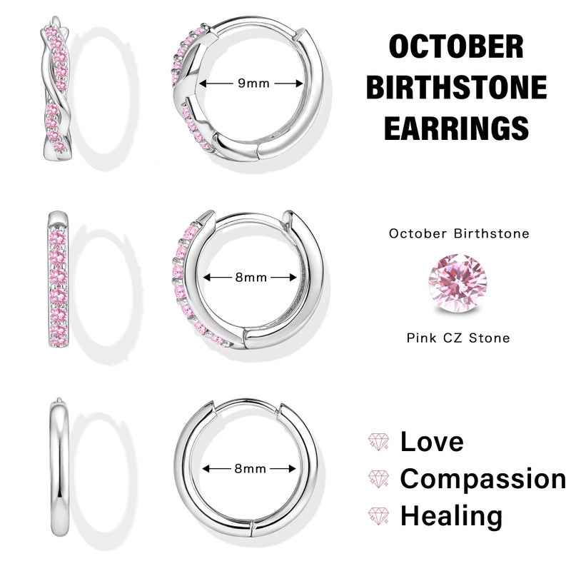 Inerney Sterling Silver Pink Tourmaline Huggie Hoop Earrings Set for Women, Dainty Small Earring Hypoallergenic Jewelry for Multiple Piercings, Trendy Twisted Cartilage Hoops October Birthstone Gift - Image 3