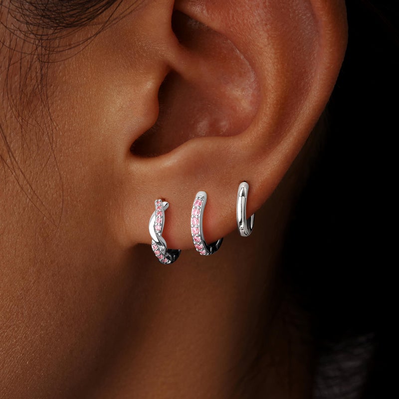 Inerney Sterling Silver Pink Tourmaline Huggie Hoop Earrings Set for Women, Dainty Small Earring Hypoallergenic Jewelry for Multiple Piercings, Trendy Twisted Cartilage Hoops October Birthstone Gift - Image 4