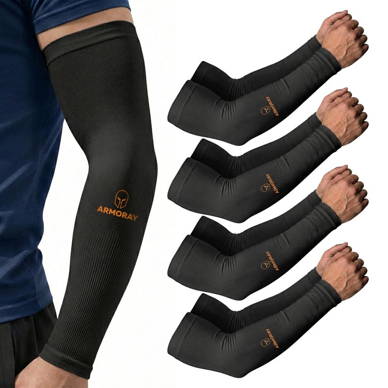 ARMORAY Arm Sleeves for Men & Women - 4 Pair UV Sun Protection Cooling Compression - Tattoo Cover Up Sleeve for Daily Wear & Work (Black) - Image 1