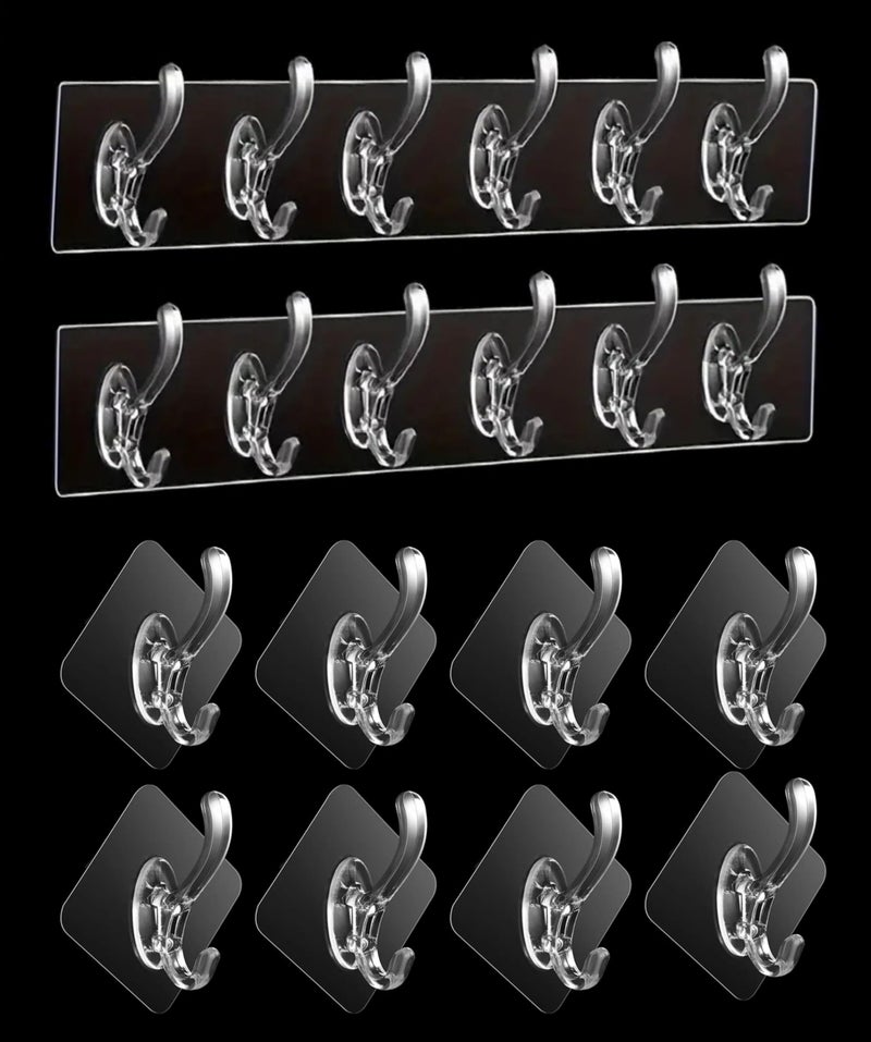 Styllent 10 Pcs Single & 6 Rows Multifunctional Transparent Sticky Hook Set Adhesive Sticker Hanger Kitchen Bathroom Oilproof Home Wall Hanging Waterproof Seamless Invisible Strong Self Adhesive Wall Mounted - Image 1