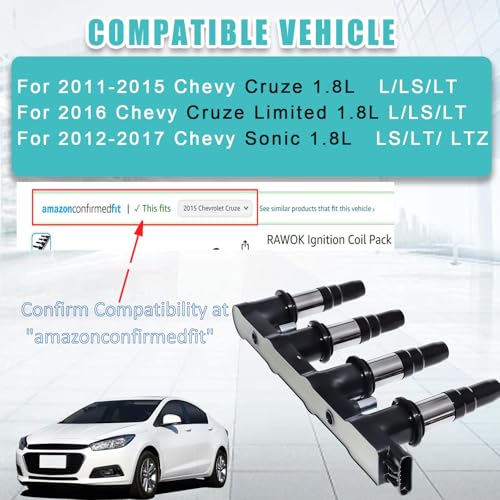 RAWOK Ignition Coil Pack and 4 Iridium Spark Plugs Compatible with 2011-2015 Chevy Cruze 1.8L, 2016 Chevrolet Cruze Limited 1.8L, 2012-2017 Chevy Sonic 1.8L, Replace UF620 9091902247 C1646 4504 7092 - Image 3